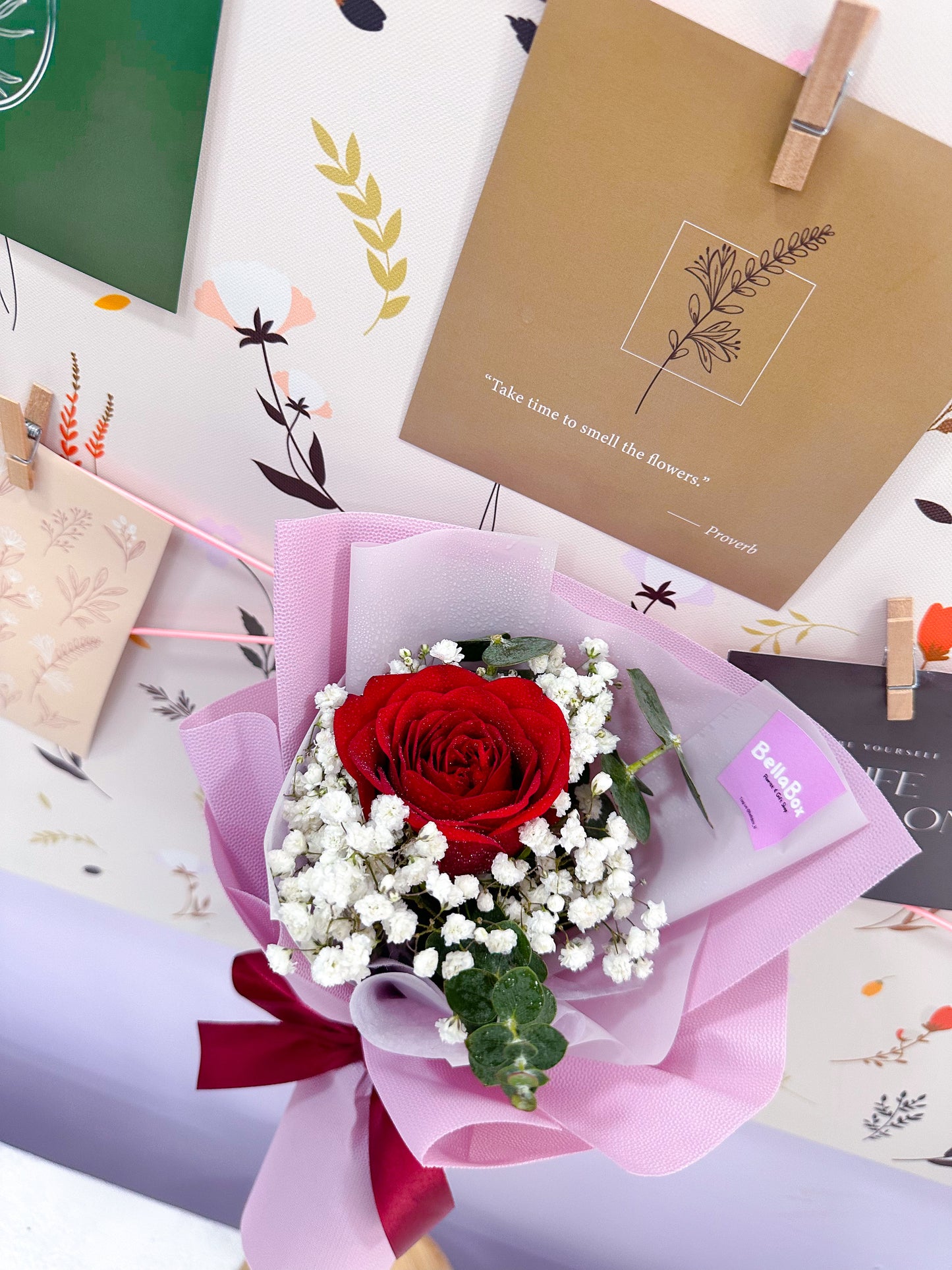 Fresh Single Roses with baby breath & eucalayptus