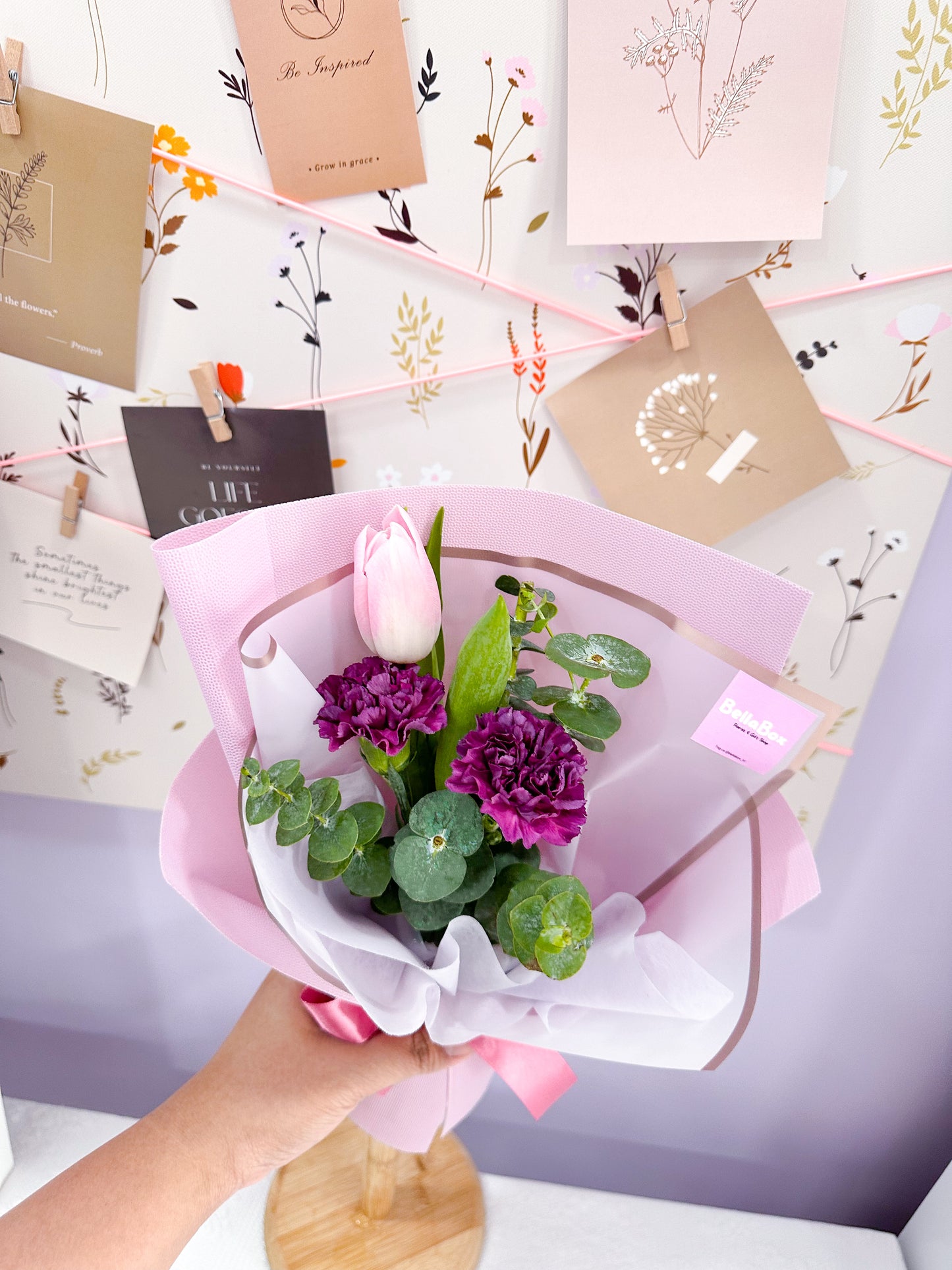 Pink tulips with carnation & eucalayptus