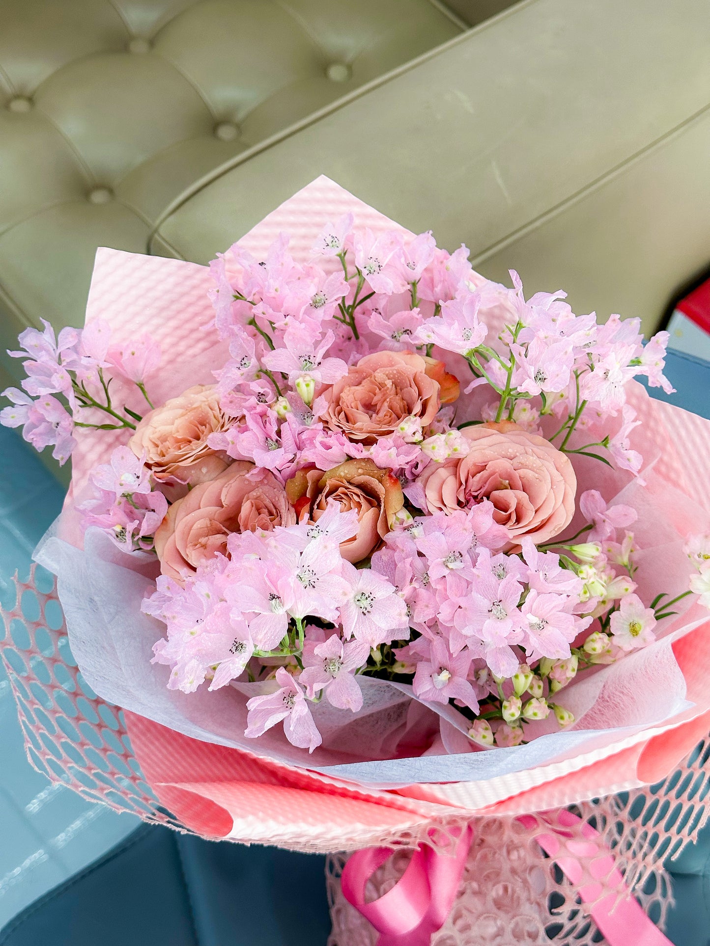 Fresh Cappuccino Rose with Pink Delphinium Grandiflorum