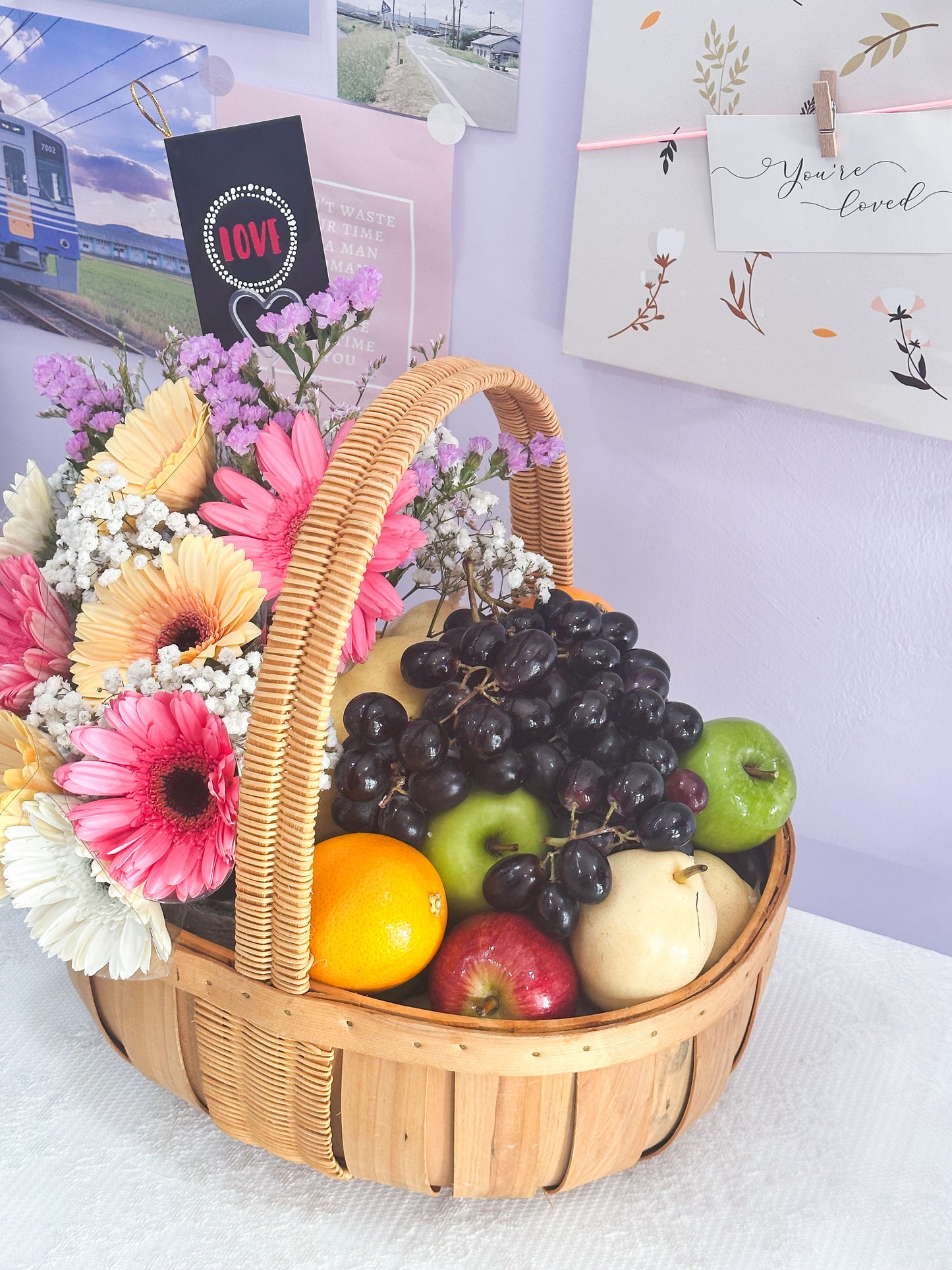 Fruits Basket Arrangement with flowers