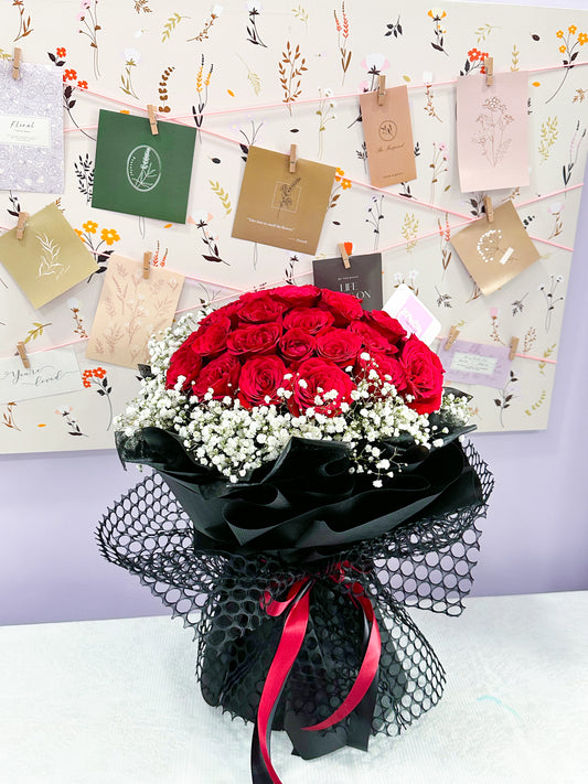 34 Stalk red Roses with baby breath