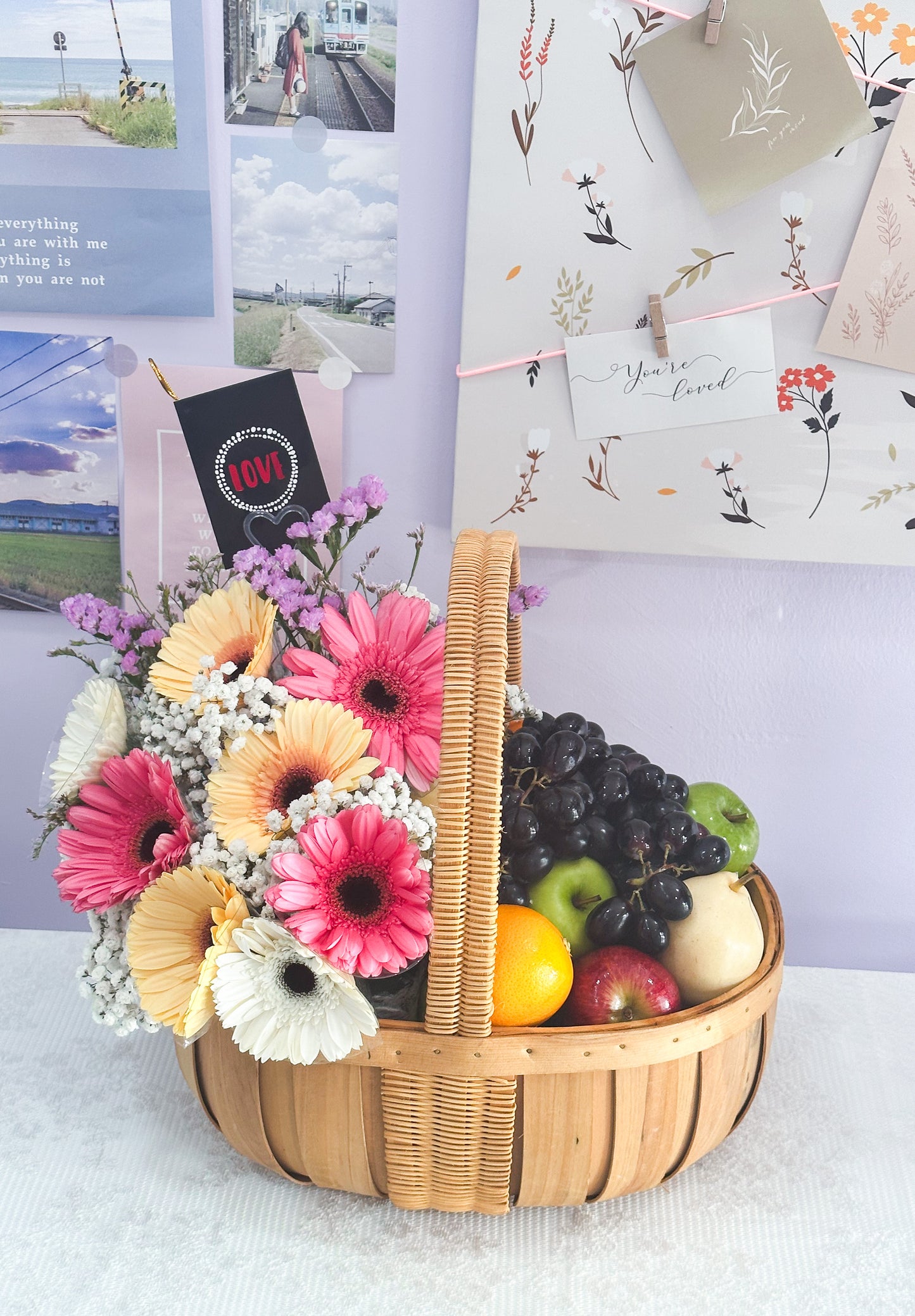 Fruits Basket Arrangement with flowers