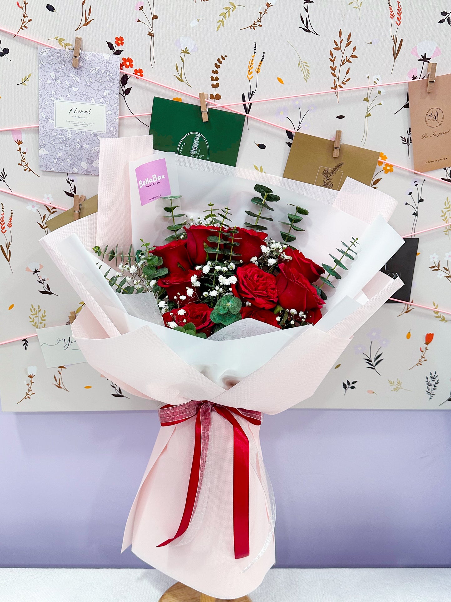 9 Stalk Red Roses with Eucalyptus