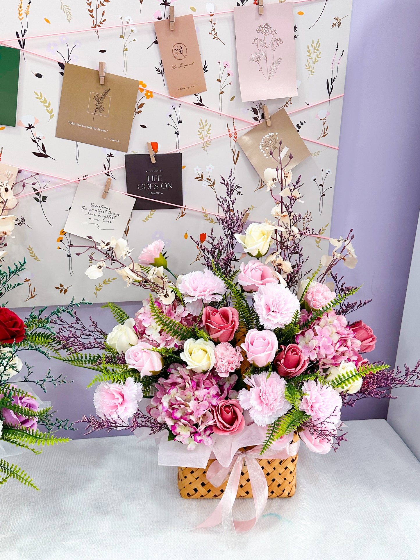 Soap & Artificial flowers in basket