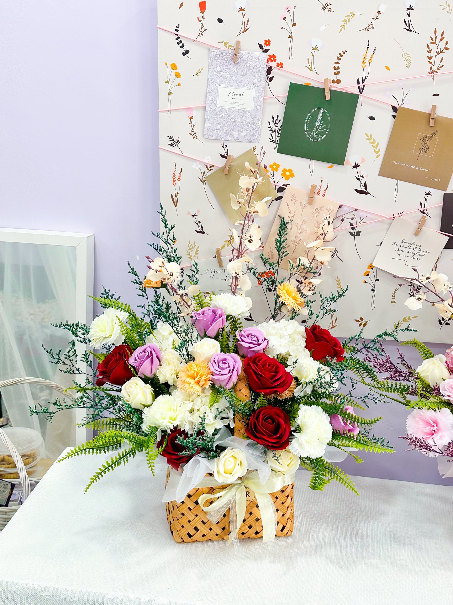 Soap & Artificial flowers in basket