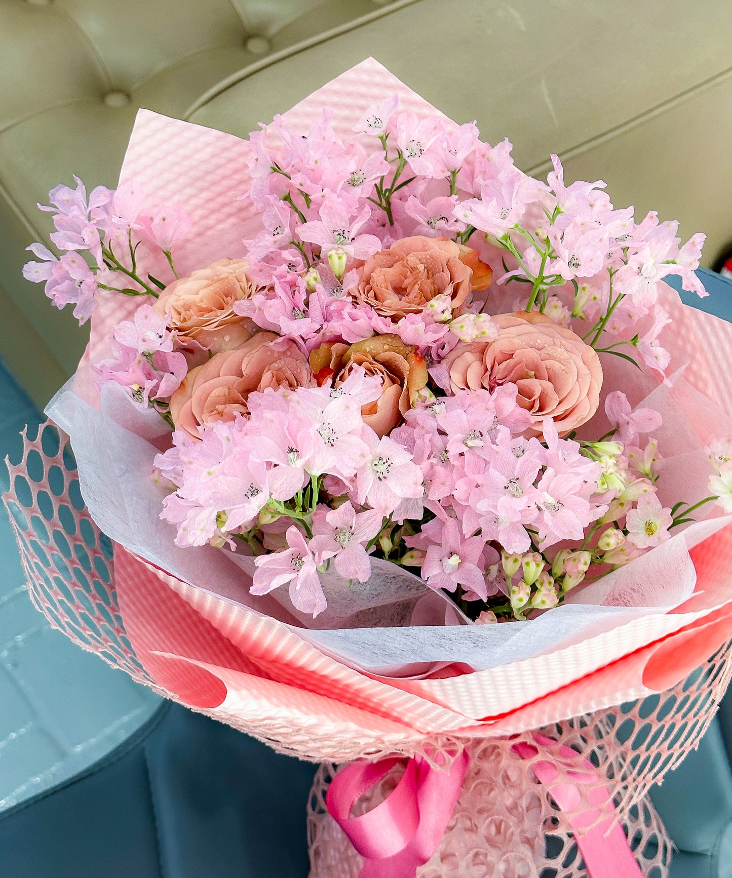 Fresh Cappuccino Rose with Pink  Delphinium Grandiflorum