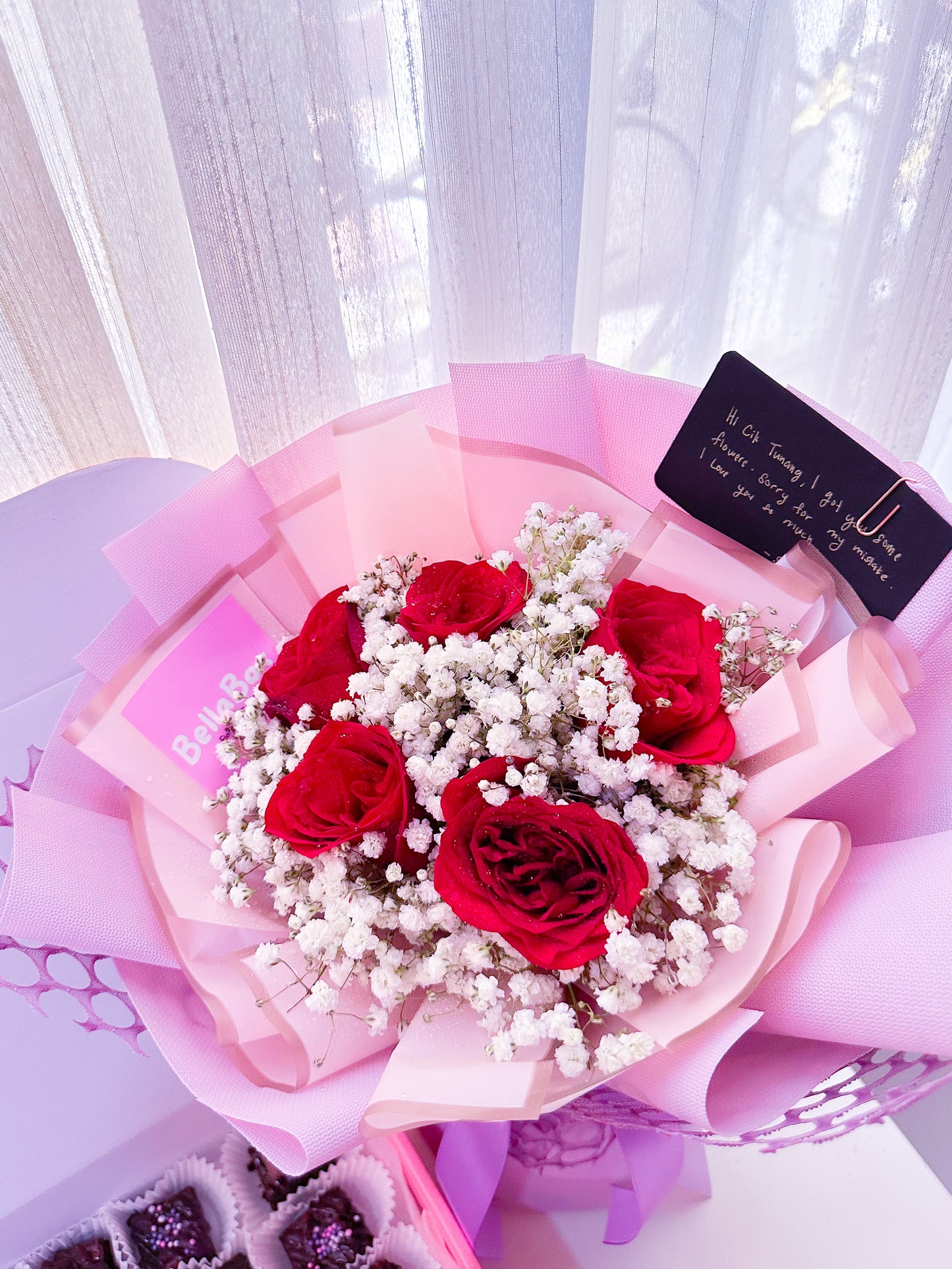 Bundle - 5 stalk Red roses with baby breath + 25 pcs mini bite brownie