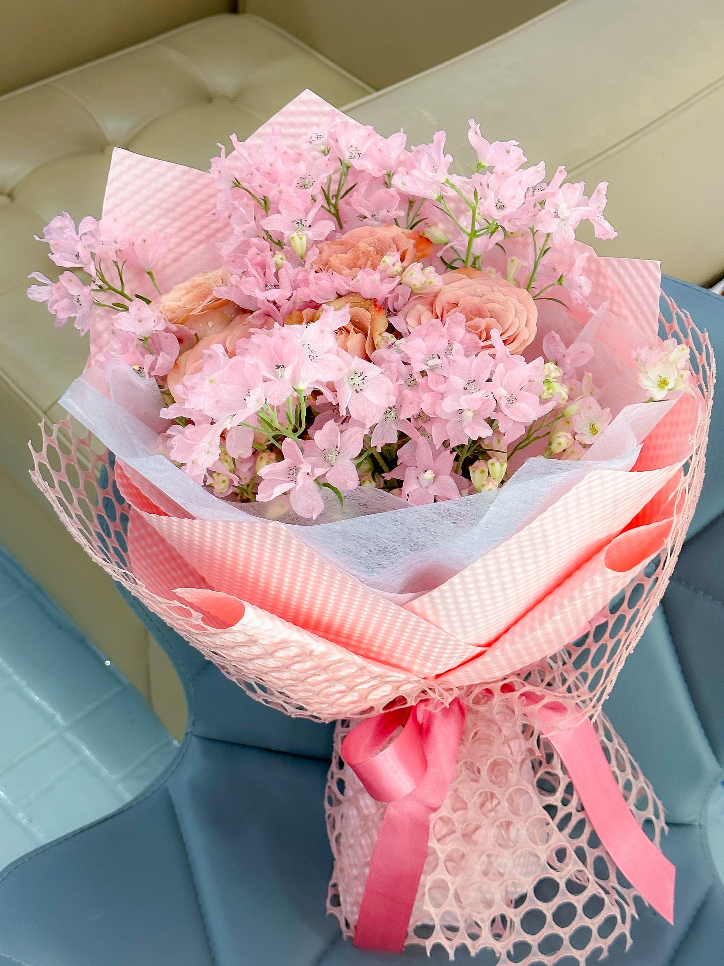 Fresh Cappuccino Rose with Pink  Delphinium Grandiflorum