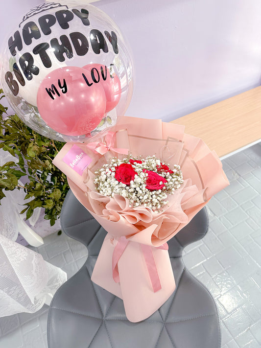 5 Stalk red roses with baby breath + bobo baloon