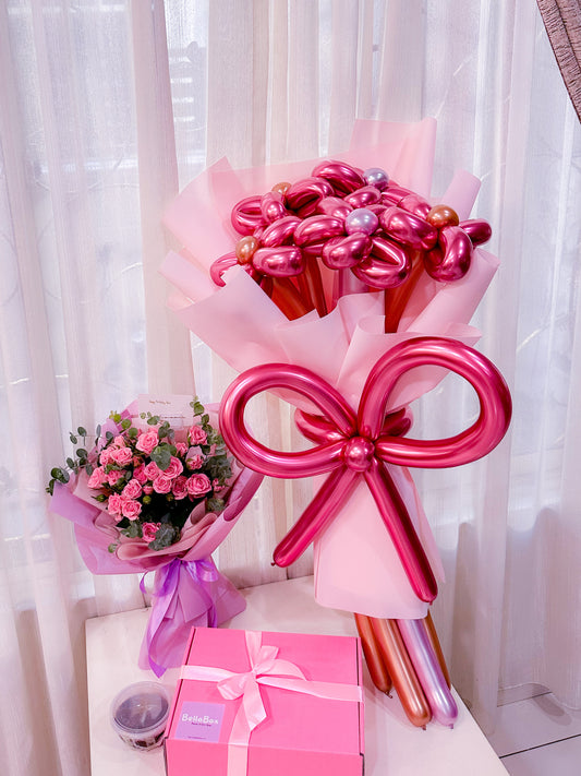 Pink Bundle ( Rose bouquet + Dip Box + Balloons bouquet in Wrapping)