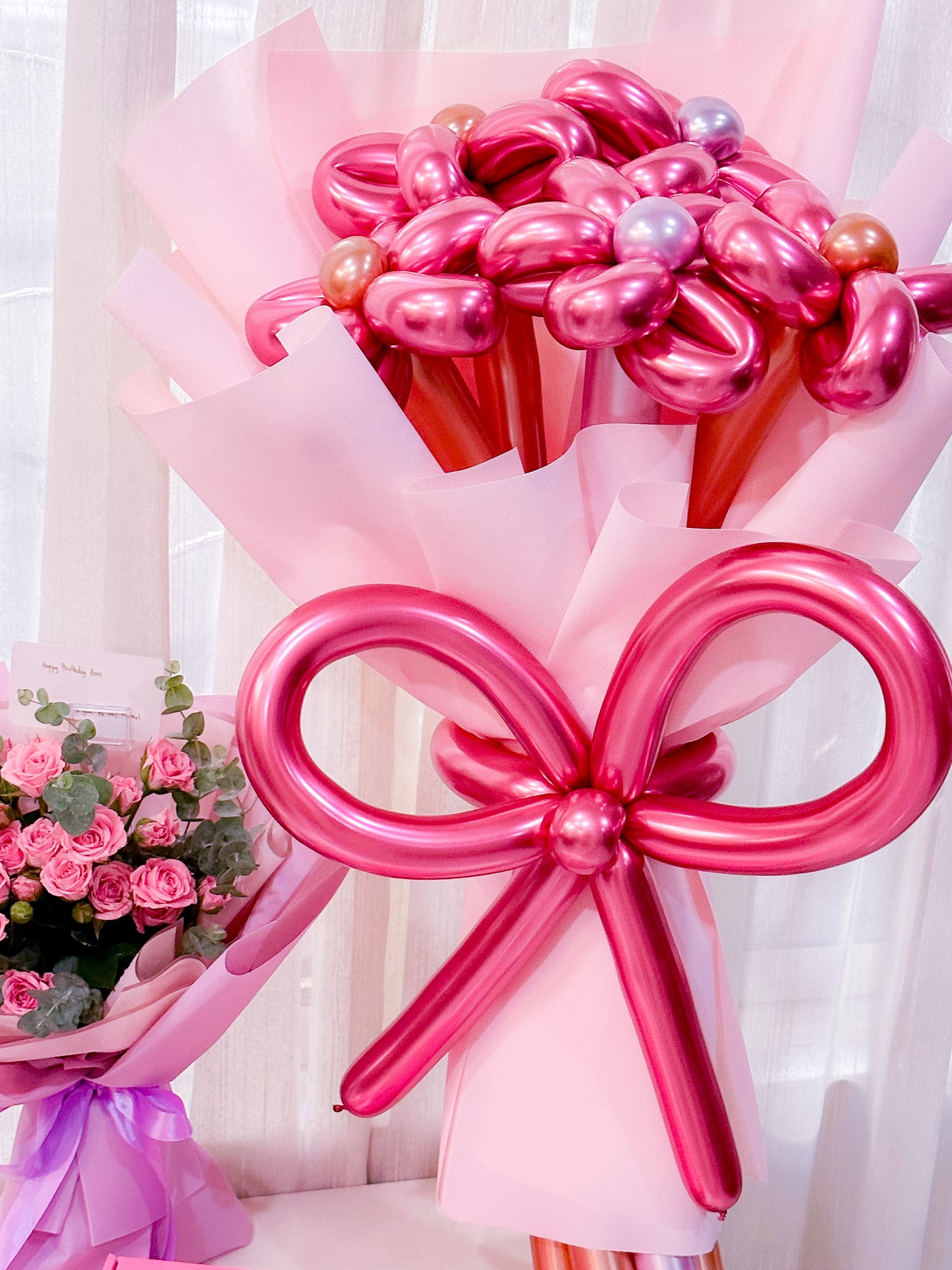 Pink Bundle ( Rose bouquet + Dip Box + Balloons bouquet in Wrapping)