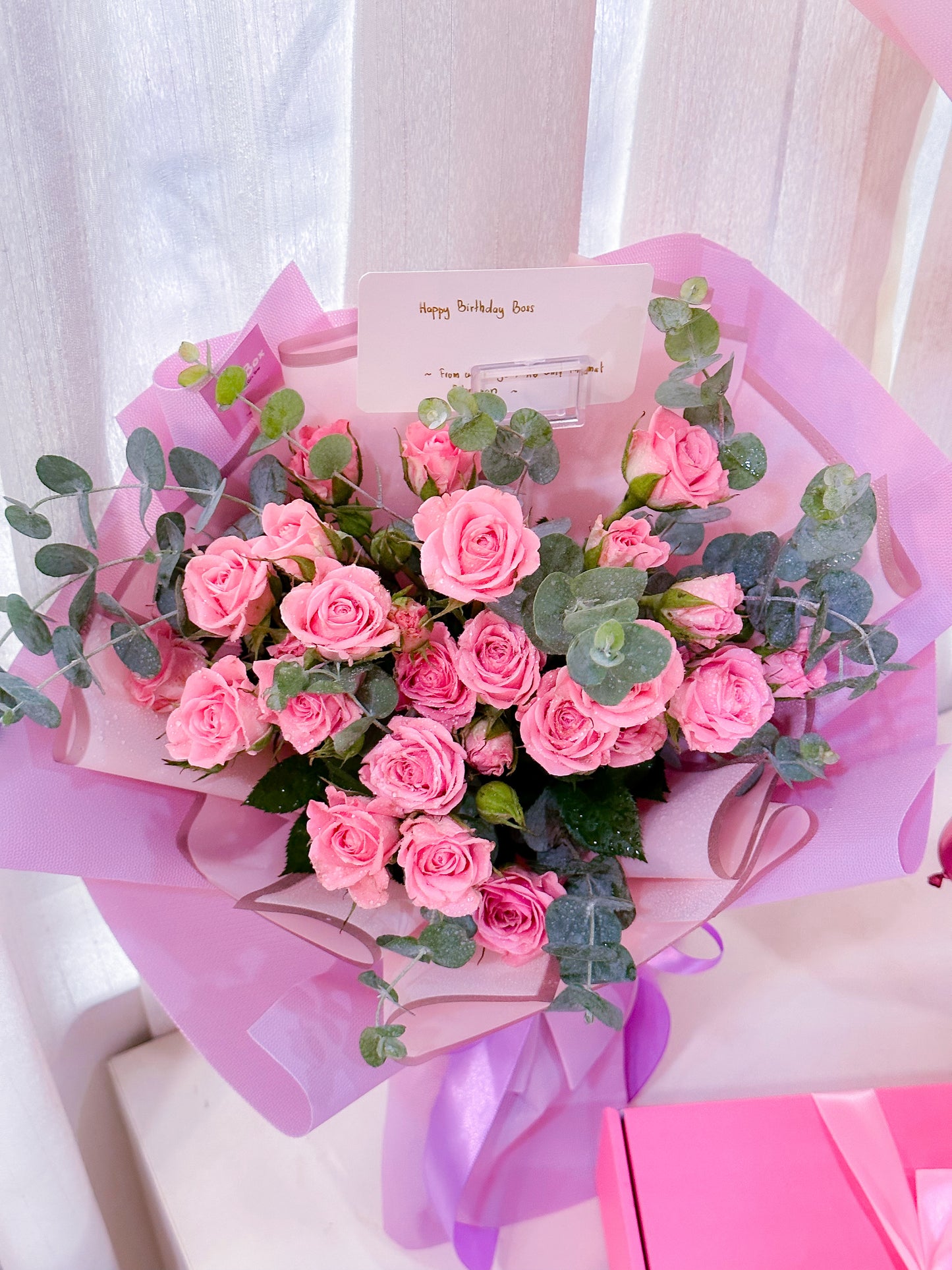 Pink Bundle ( Rose bouquet + Dip Box + Balloons bouquet in Wrapping)