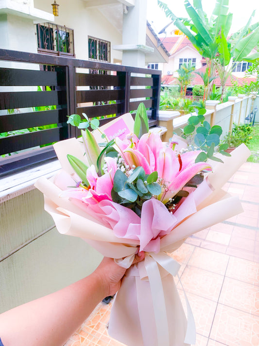 Pink Lily with White Baby Breath & Eucalayptus