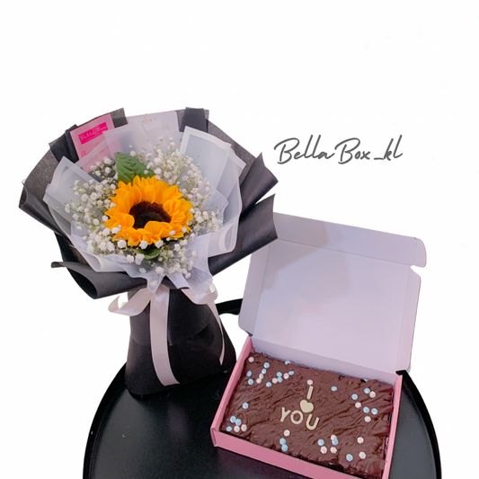 Set Single Stalk Sunflower with Chocolate Brownie(Half Box)