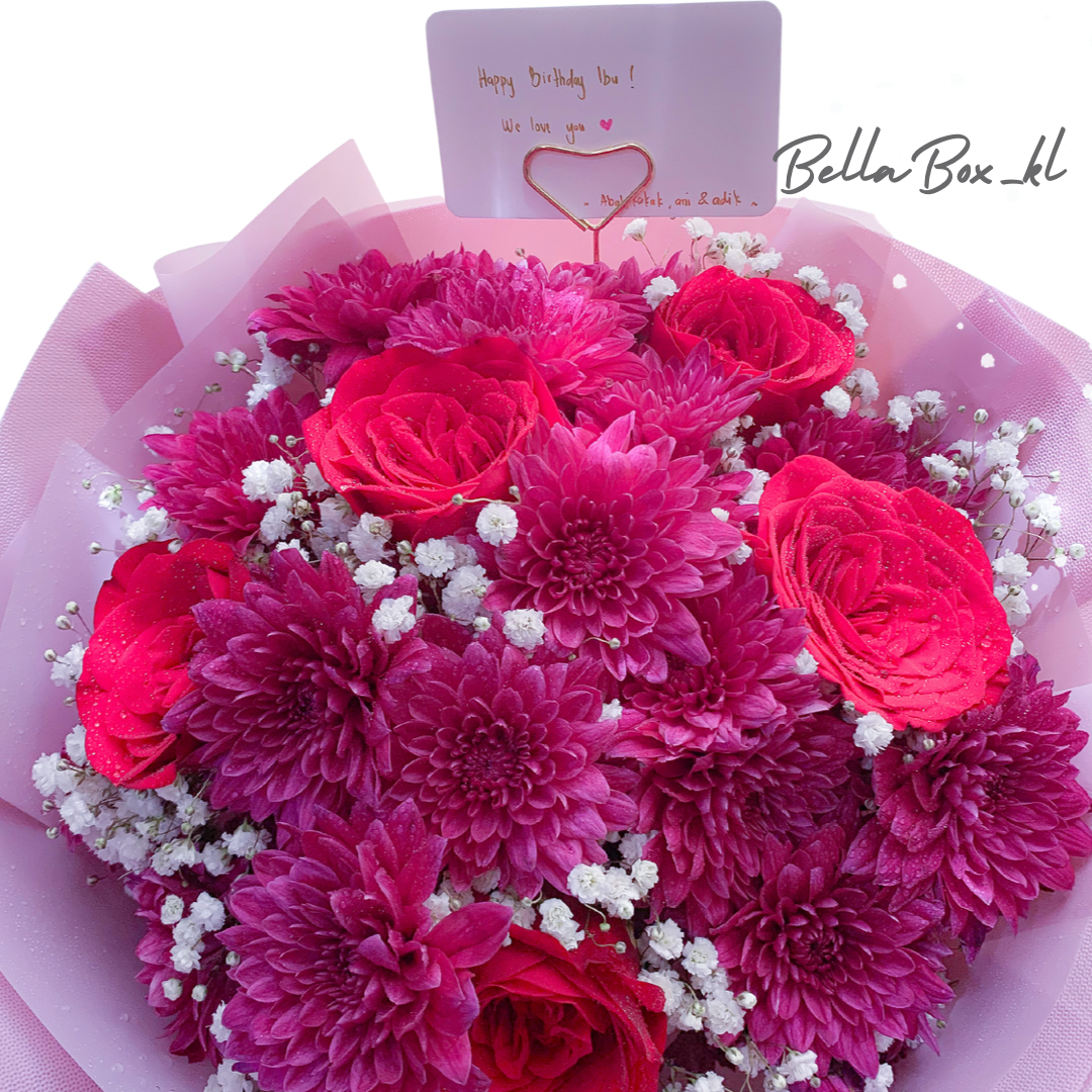 5 stalk Red roses with purple pom pom & baby breath (M Size)