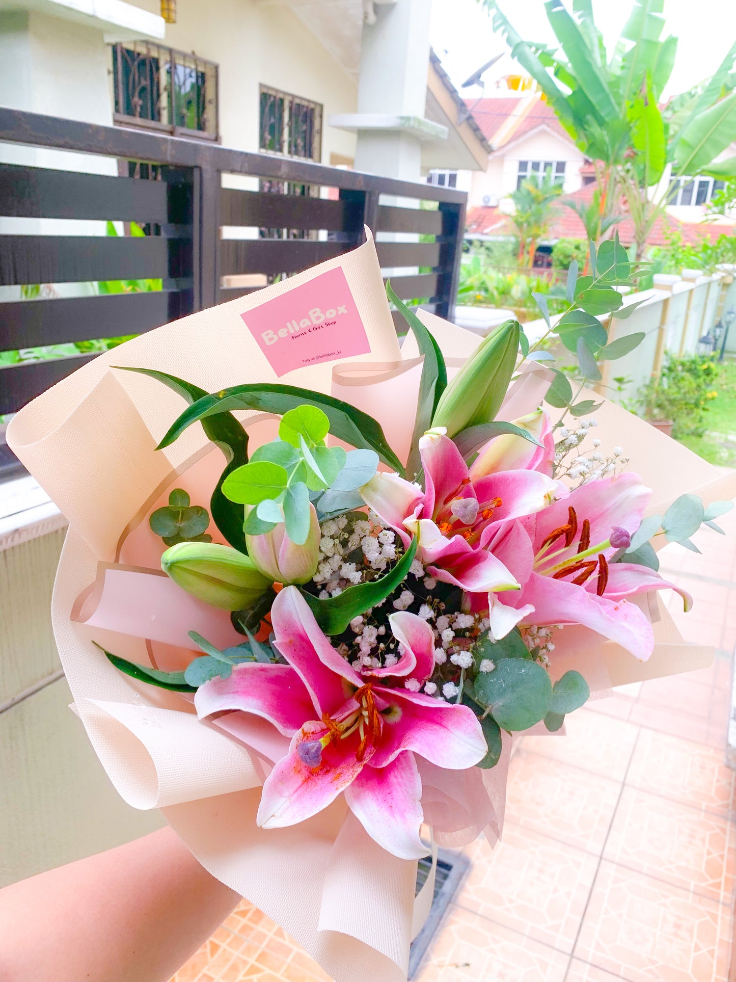 Pink Lily with White Baby Breath & Eucalayptus