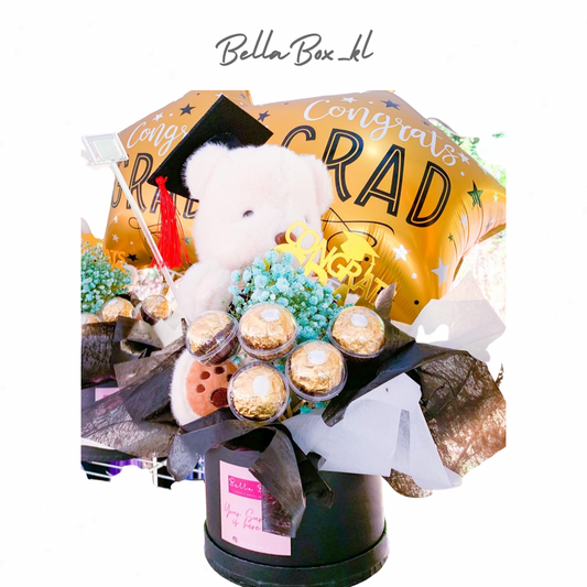 Bear Box with Ferrero Roche with Balloons + mini baby breath