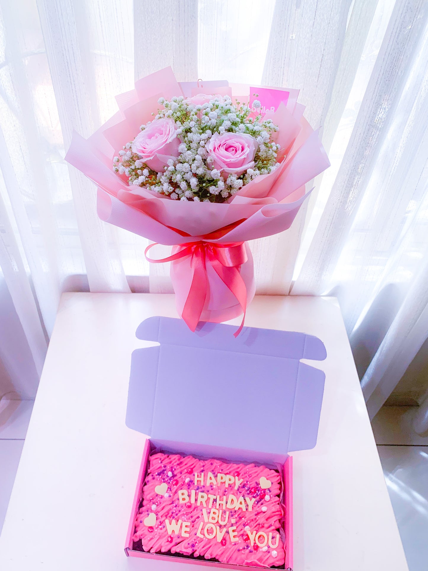 Pink Rose with baby breath & Brownie Set