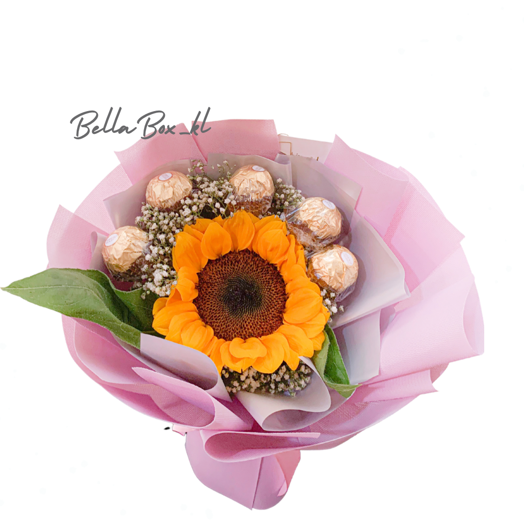 Single sunflower with baby breath + Ferrero roche