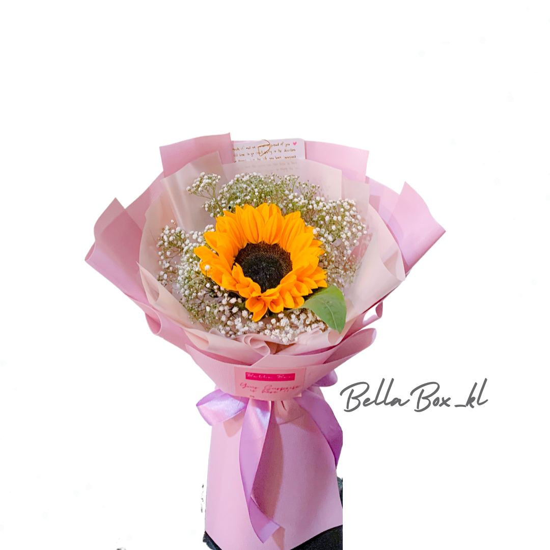 Single Stalk Sunflower with white baby breath