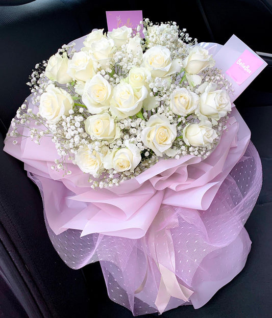 20 Stalk White Roses with white baby breath