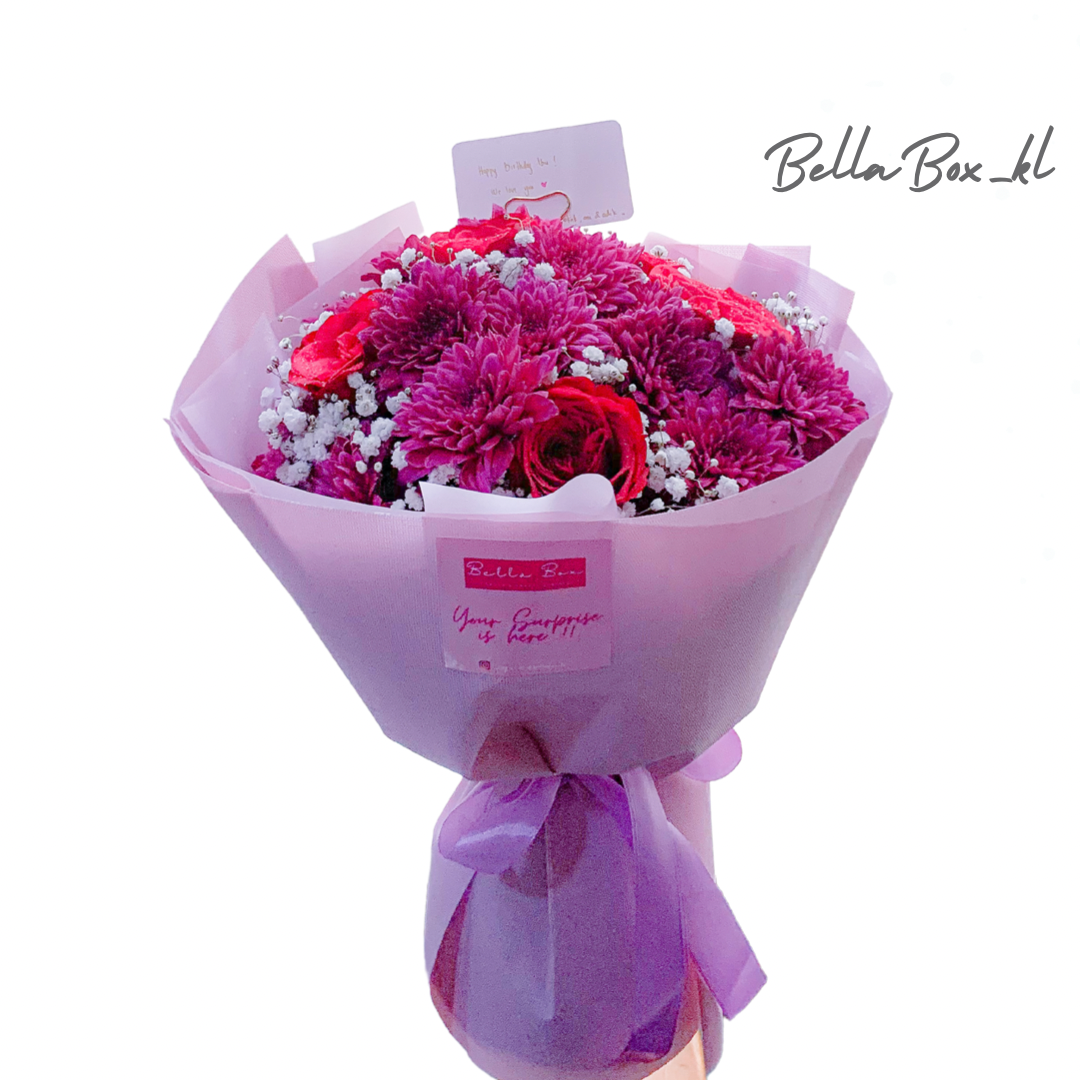 5 stalk Red roses with purple pom pom & baby breath (M Size)