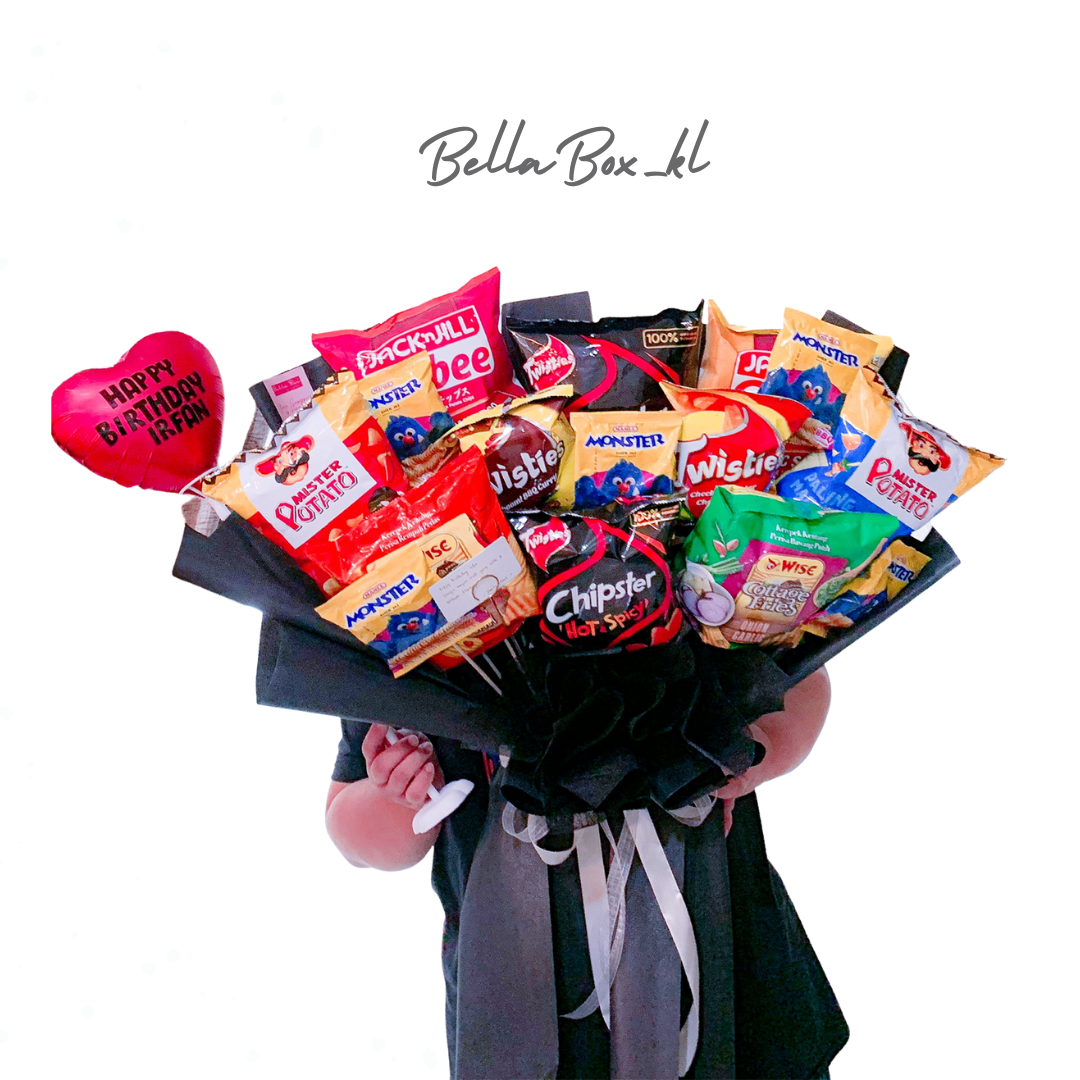 Giant Snack Bouquet with 8” Heart foil Balloons