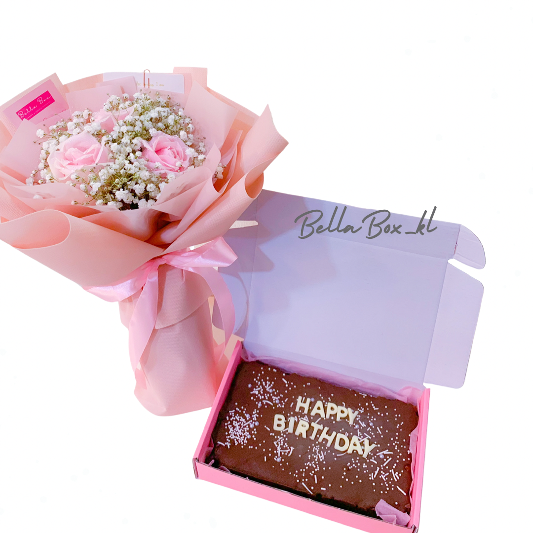 Pink Rose with baby breath & Brownie Set